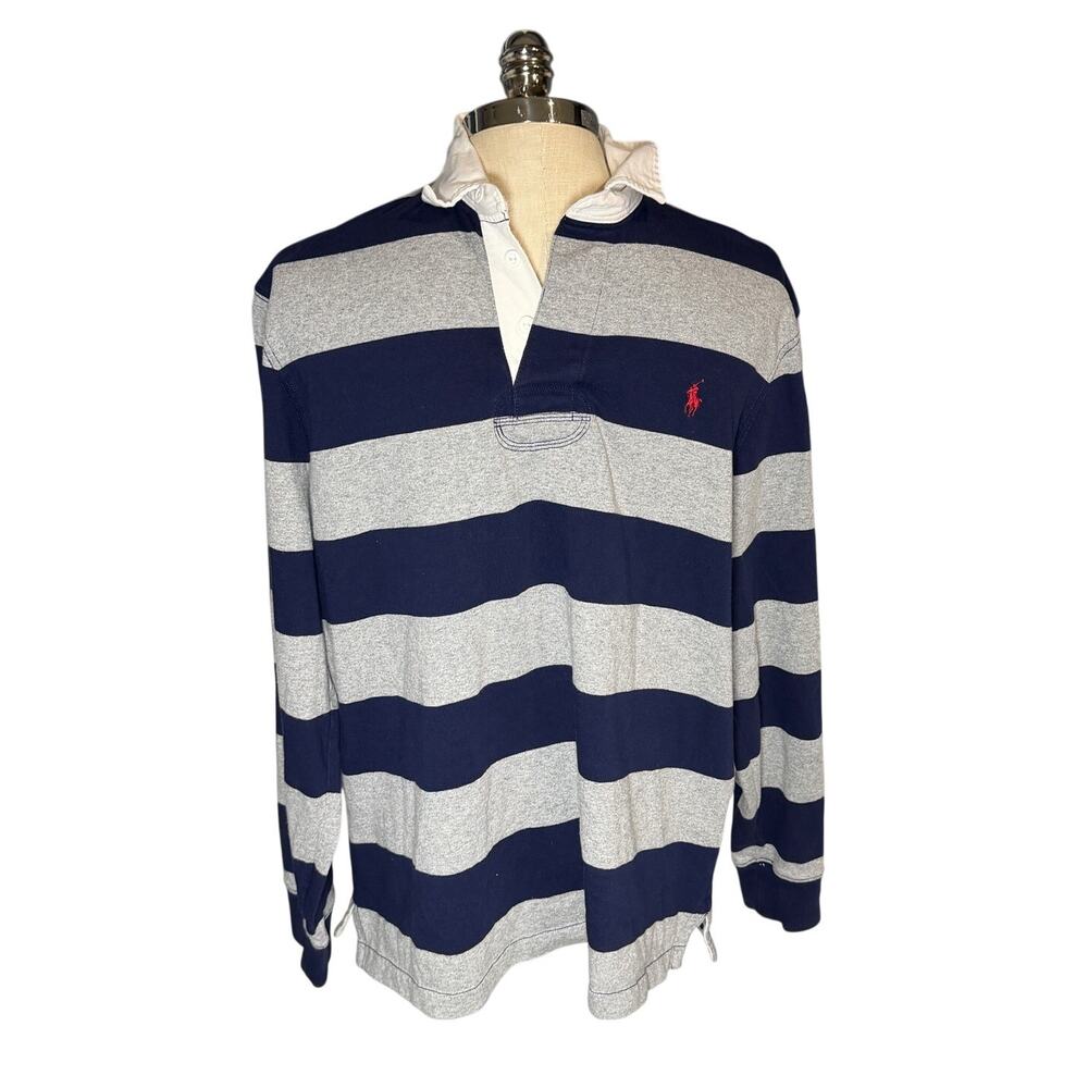 Polo Ralph Lauren Mens Iconic Rugby Long Sleeve Shirt Gray Navy Blue Size Large